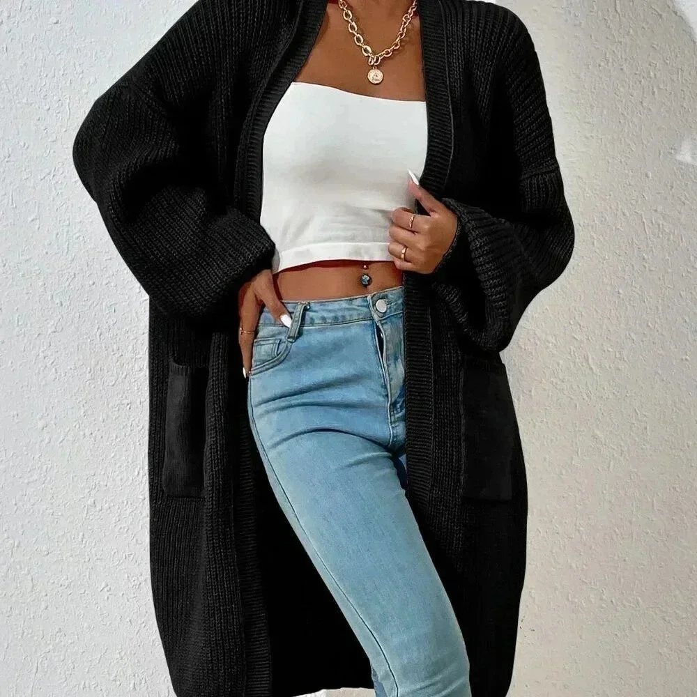 Black Casual Women's Dual Pocket Drop Shoulder Cardigan